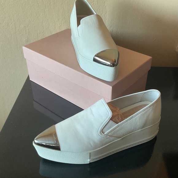 Miu Miu Prada New! ❤️ White Nappa Leather Metal Point Cap Platform Sneak… - Picture 9 of 16